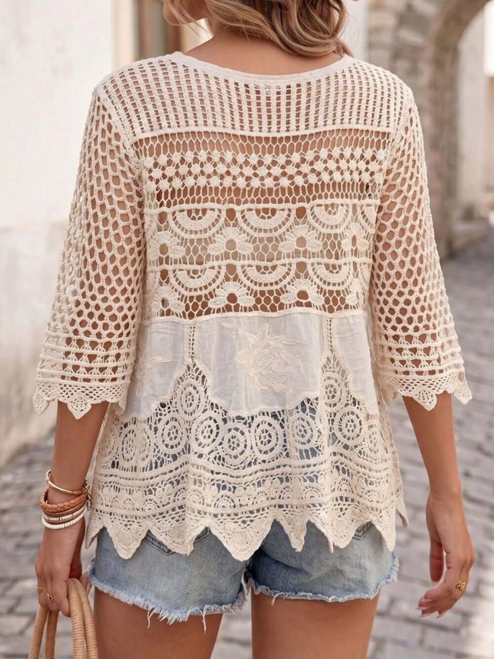 Apricot Casual Women's 3/4 Sleeve Crochet Lace V-Neck Ruffle Hem Cover Up - Picture 2 of 9